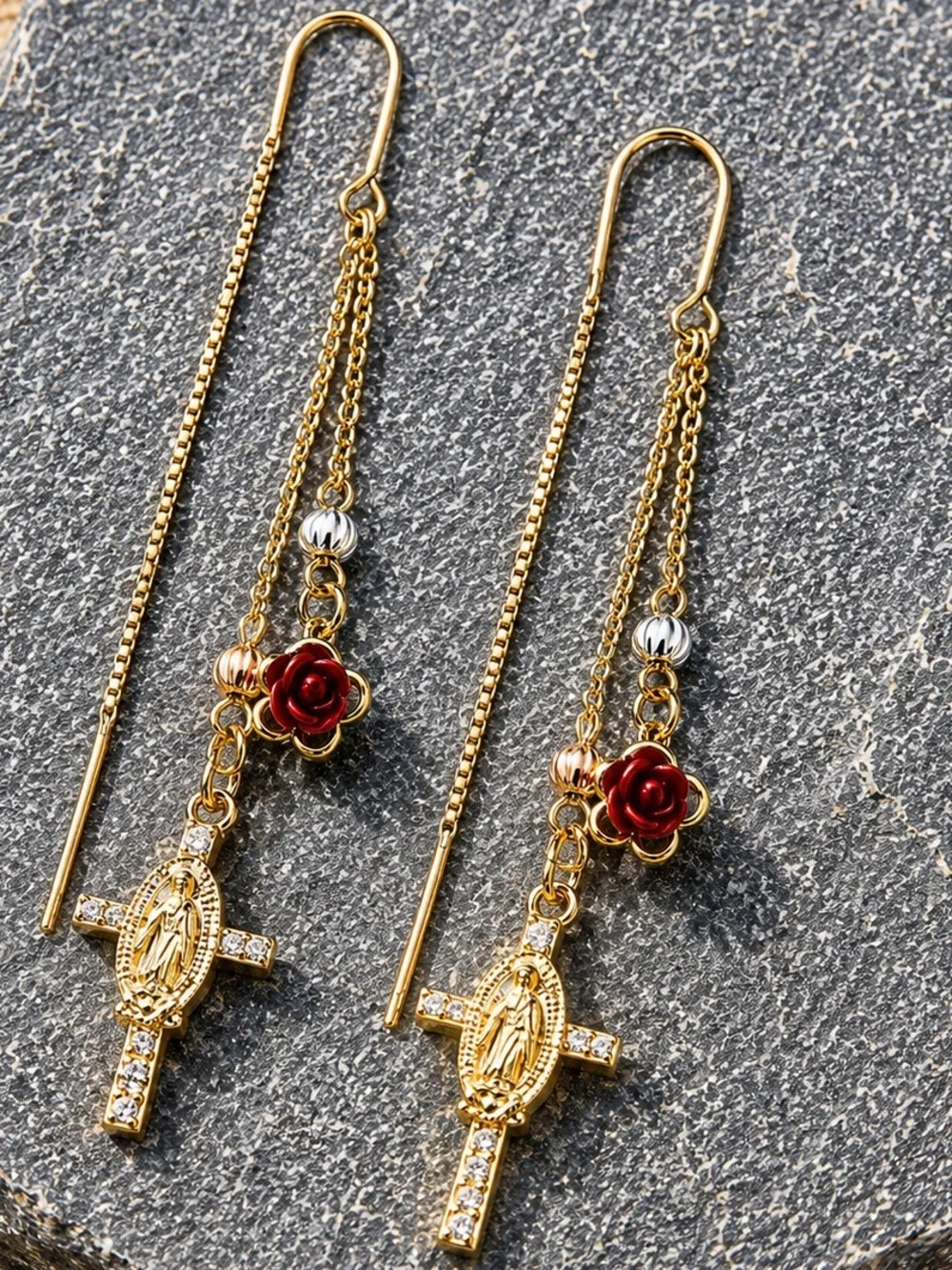 Virgin Mary Cross Rose Threader Earrings Gold Tone